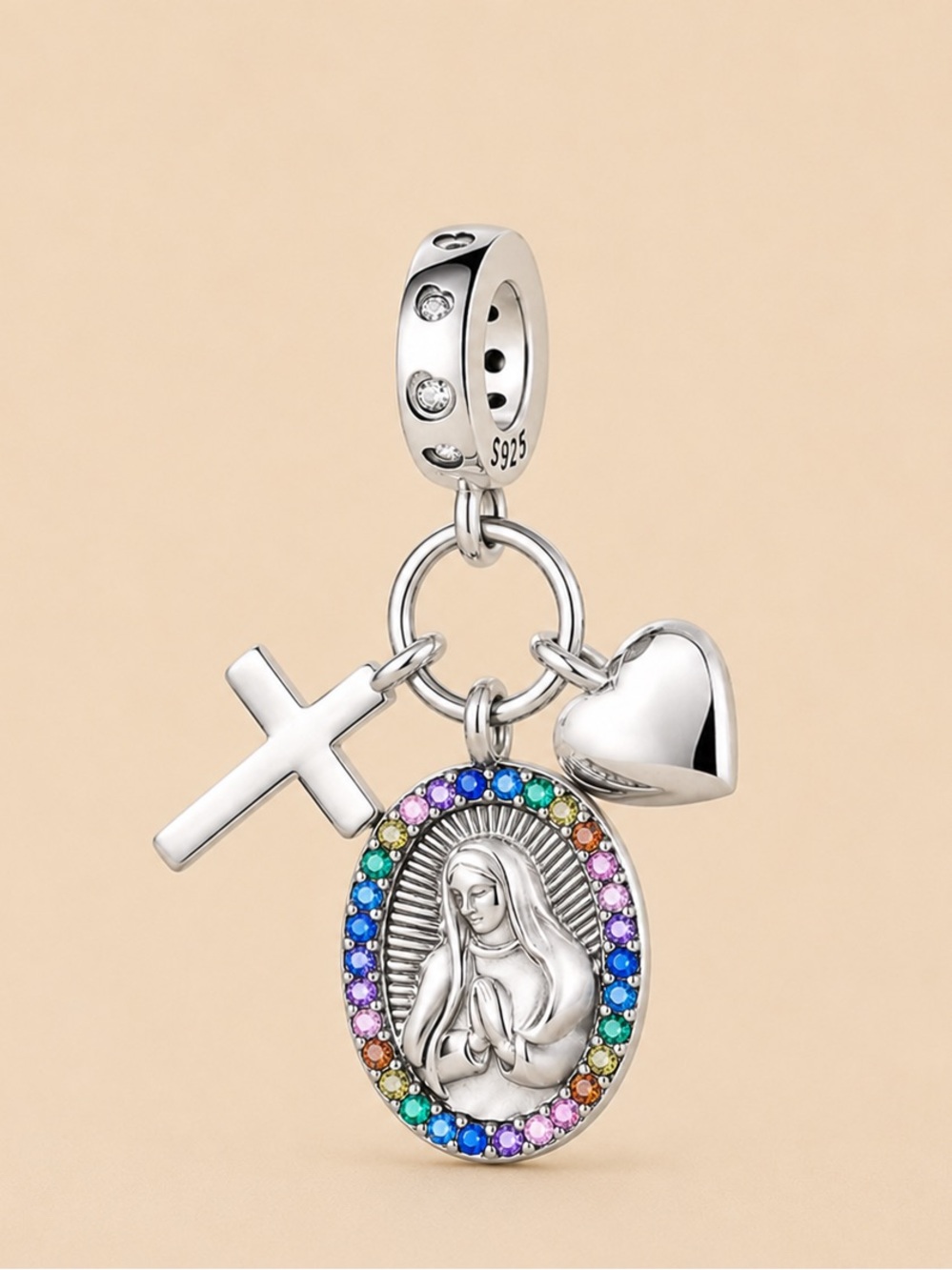 Sterling Silver Multicolor Virgin Maria & Heart Charm Pendant